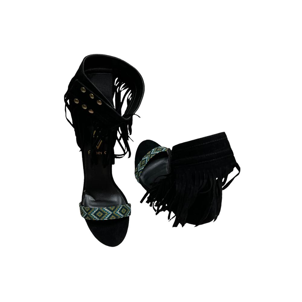 athena women black fringe ankle straps stiletto heels sandals sz 7 - Picture 6 of 11